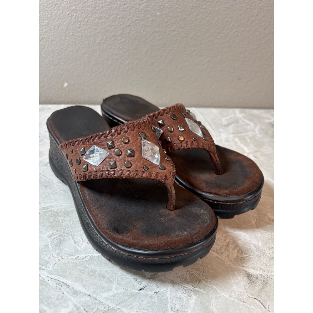 Roper Ladies Brown Leather Wedge Thong Sandals Embellished Rhinestones Size‎ 7